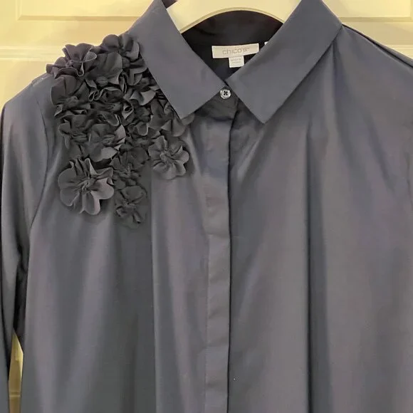 Chico's Midnight Blue Applique Shirt Dress - size 3 (16) - Picture 2 of 8